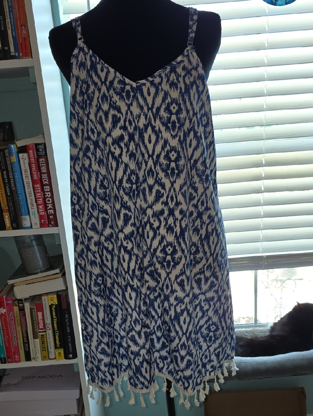 SHEIN Blue and White Ikat Spaghetti Strap Mini Dress
